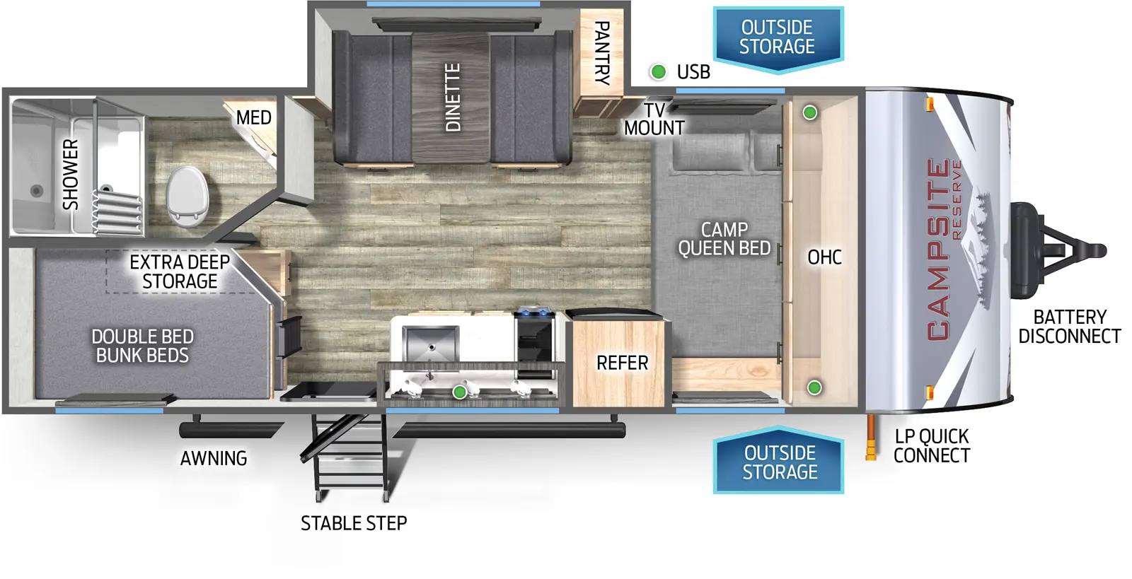 The Campsite Reserve 17LS floorplan has one entry and one slide out. Exterior features include: metal exterior. Interiors features include: bunk beds and front bedroom.